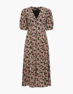 Floral V-Neck Puff Sleeve Midi Tea Dress