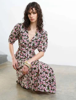 Floral V-Neck Puff Sleeve Midi Tea Dress