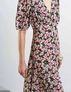 Floral V-Neck Puff Sleeve Midi Tea Dress