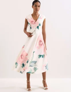 Floral V-Neck Scuba Midi Skater Dress