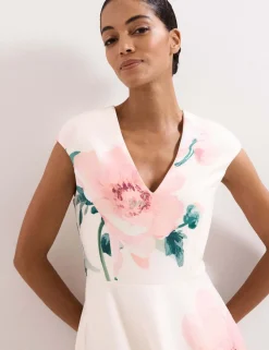 Floral V-Neck Scuba Midi Skater Dress