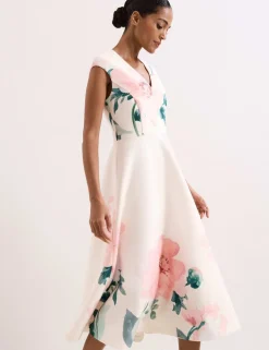 Floral V-Neck Scuba Midi Skater Dress