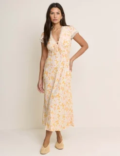 Floral V-Neck Tie Detail Midi Tea Dress