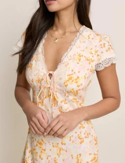 Floral V-Neck Tie Detail Midi Tea Dress