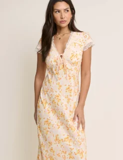 Floral V-Neck Tie Detail Midi Tea Dress