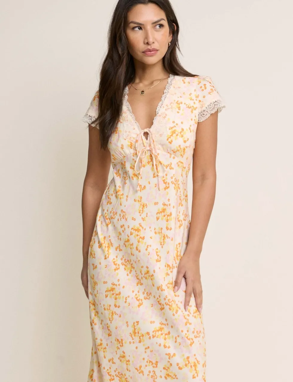 Floral V-Neck Tie Detail Midi Tea Dress