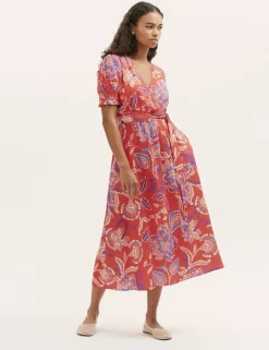 Floral V-Neck Tie Waist Midi Wrap Dress
