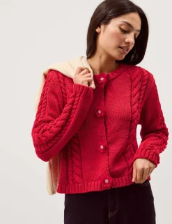 Flower Button Cable Knit Cardigan