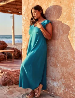 Frill Sleeve V-Neck Midi Tea Dress with Linen