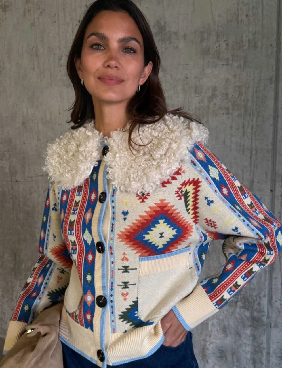 Geometric Crew Neck Button Through Cardigan
