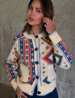 Geometric Crew Neck Button Through Cardigan