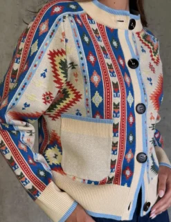 Geometric Crew Neck Button Through Cardigan