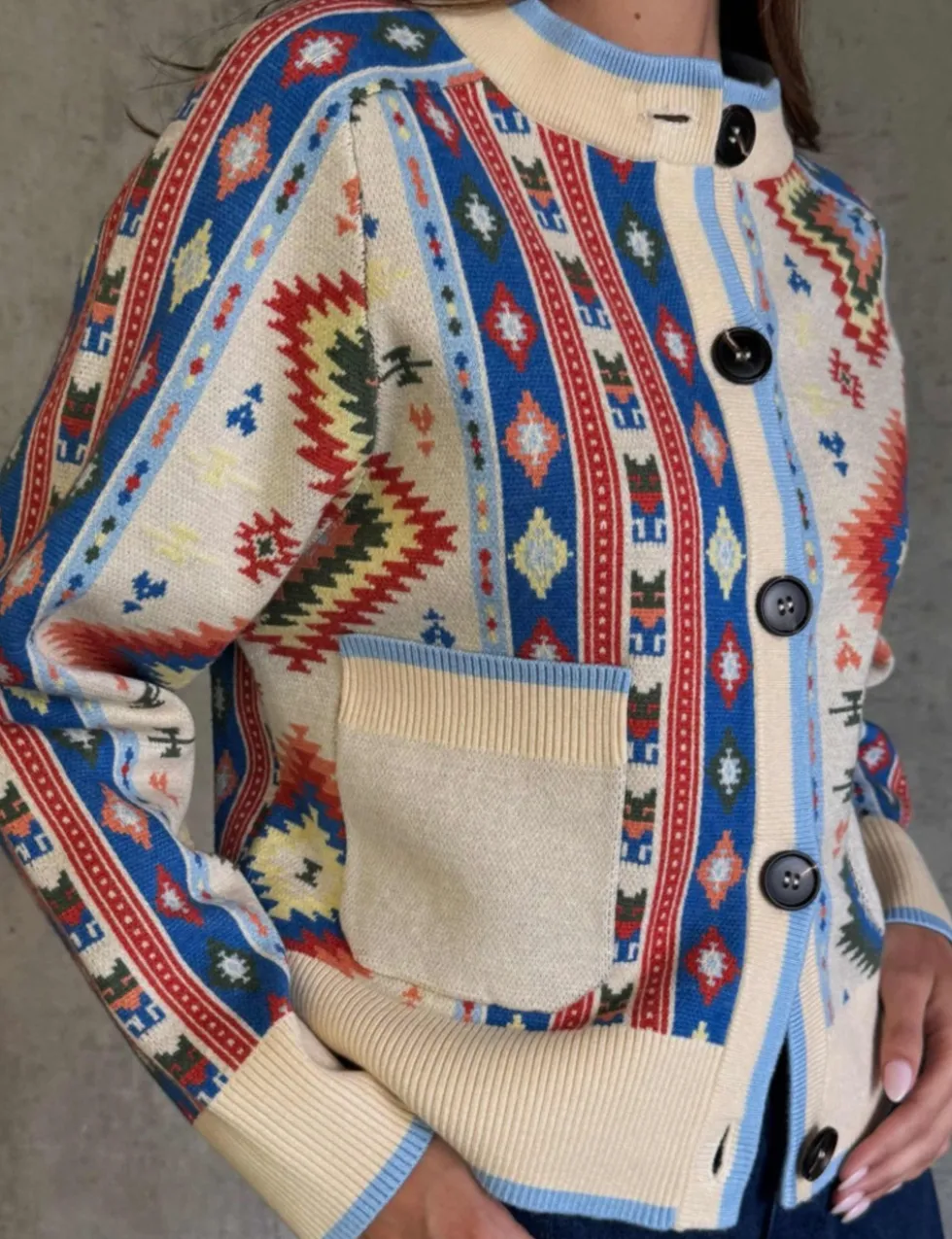 Geometric Crew Neck Button Through Cardigan