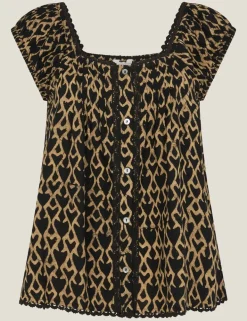 Geometric Square Neck Button Through Top