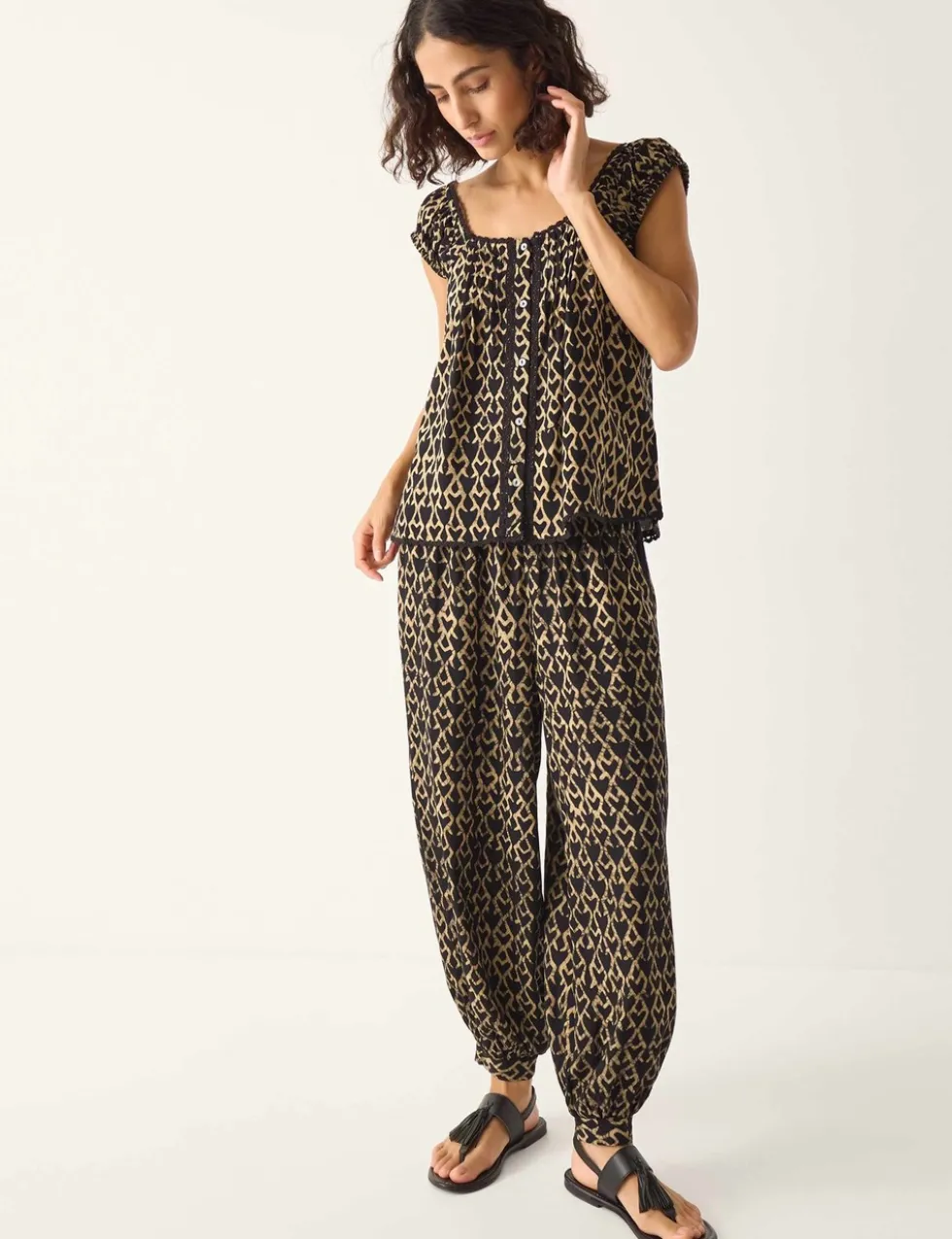 Geometric Square Neck Button Through Top