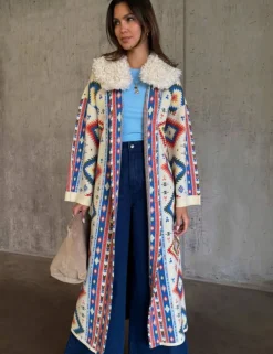 Geometric Tie Front Maxi Coatigan