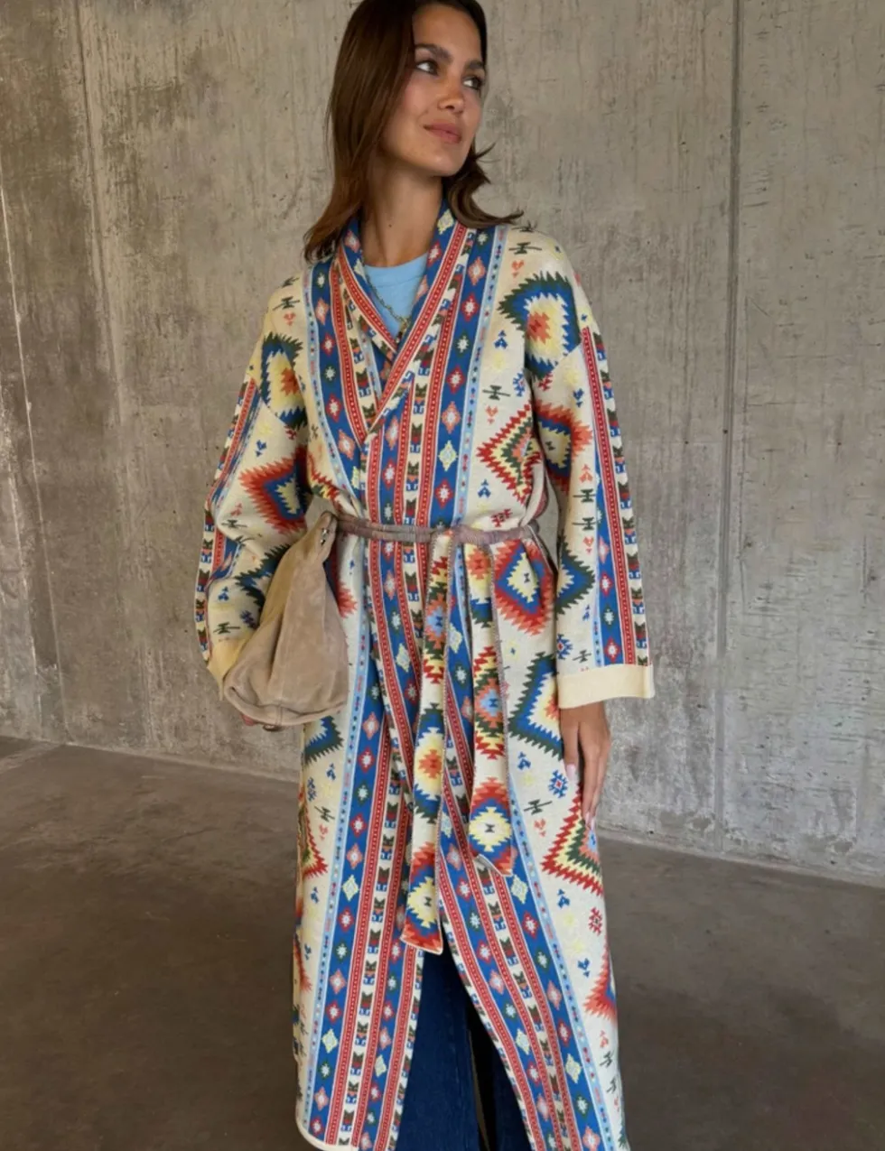 Geometric Tie Front Maxi Coatigan