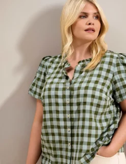 Gingham Button Through Blouse with Cotton