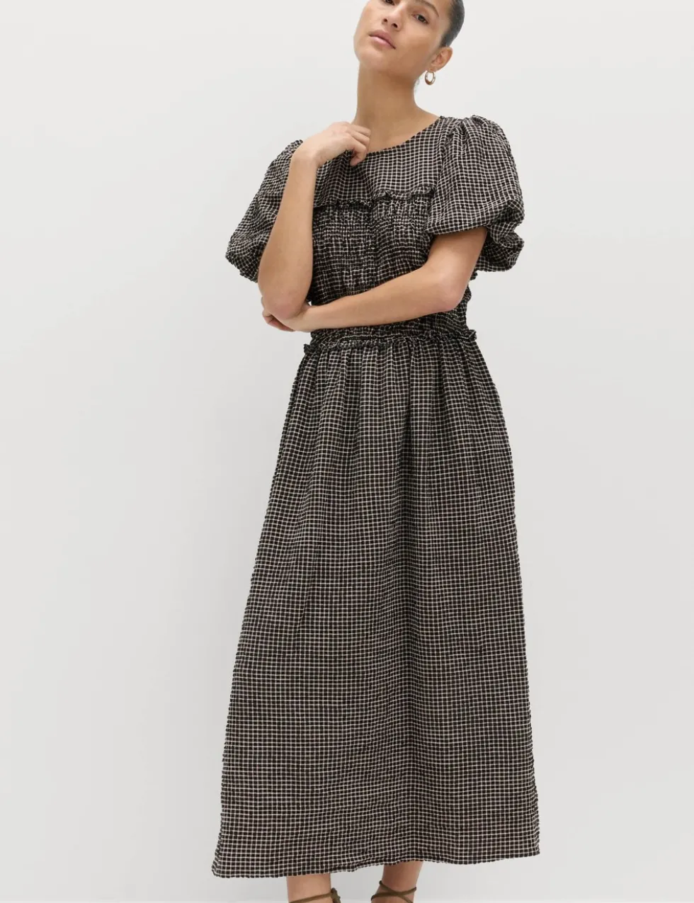 Gingham Puff Sleeve Midi Waisted Dress