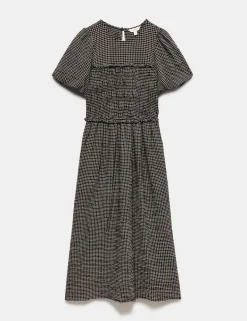 Gingham Puff Sleeve Midi Waisted Dress