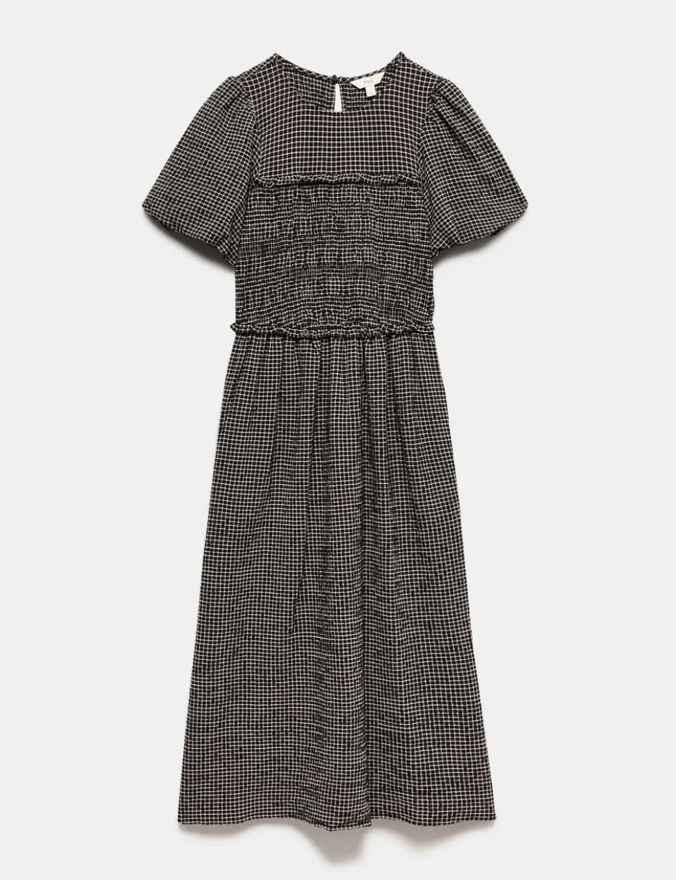 Gingham Puff Sleeve Midi Waisted Dress