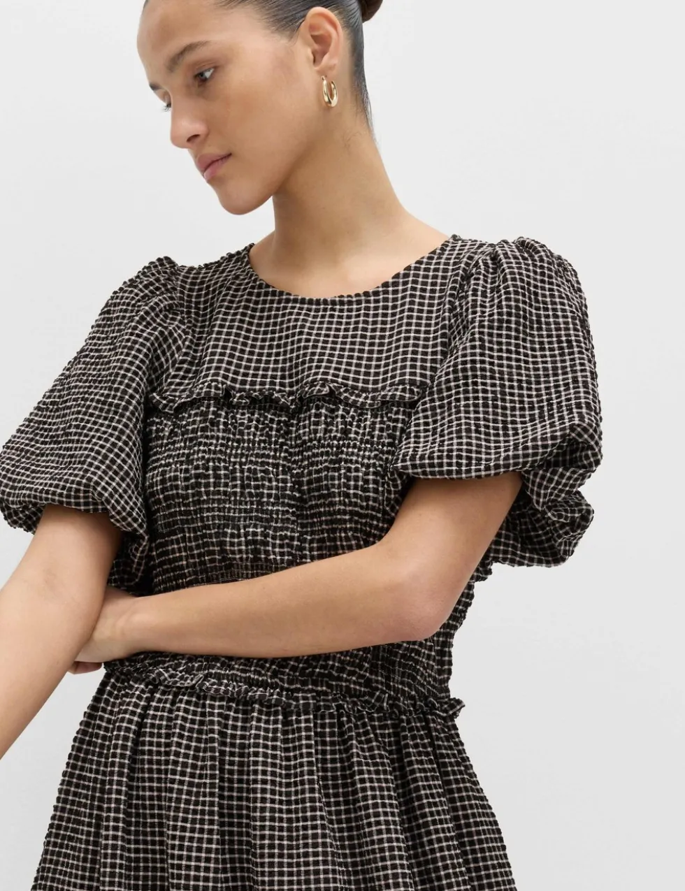 Gingham Puff Sleeve Midi Waisted Dress