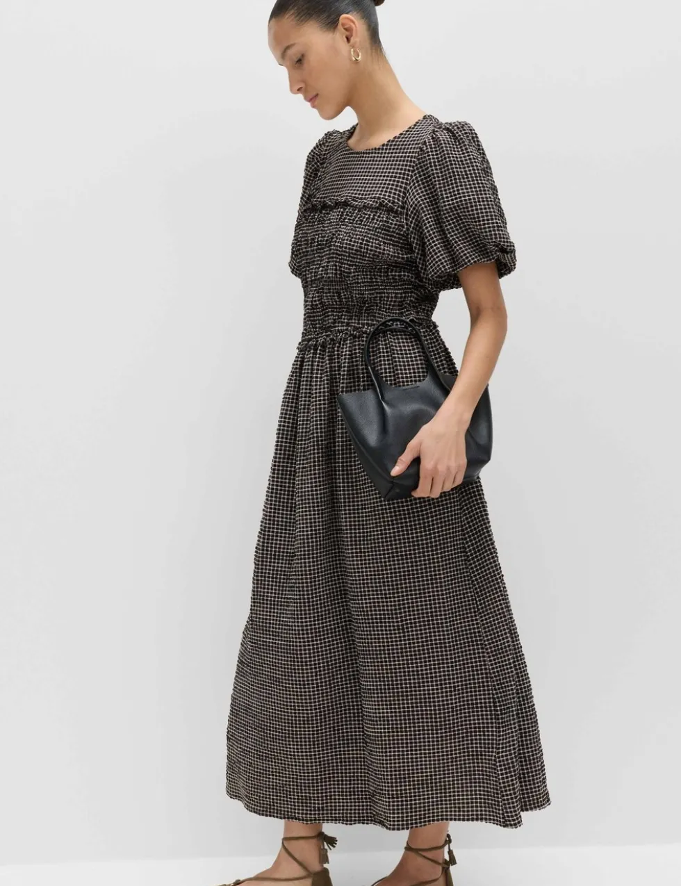 Gingham Puff Sleeve Midi Waisted Dress