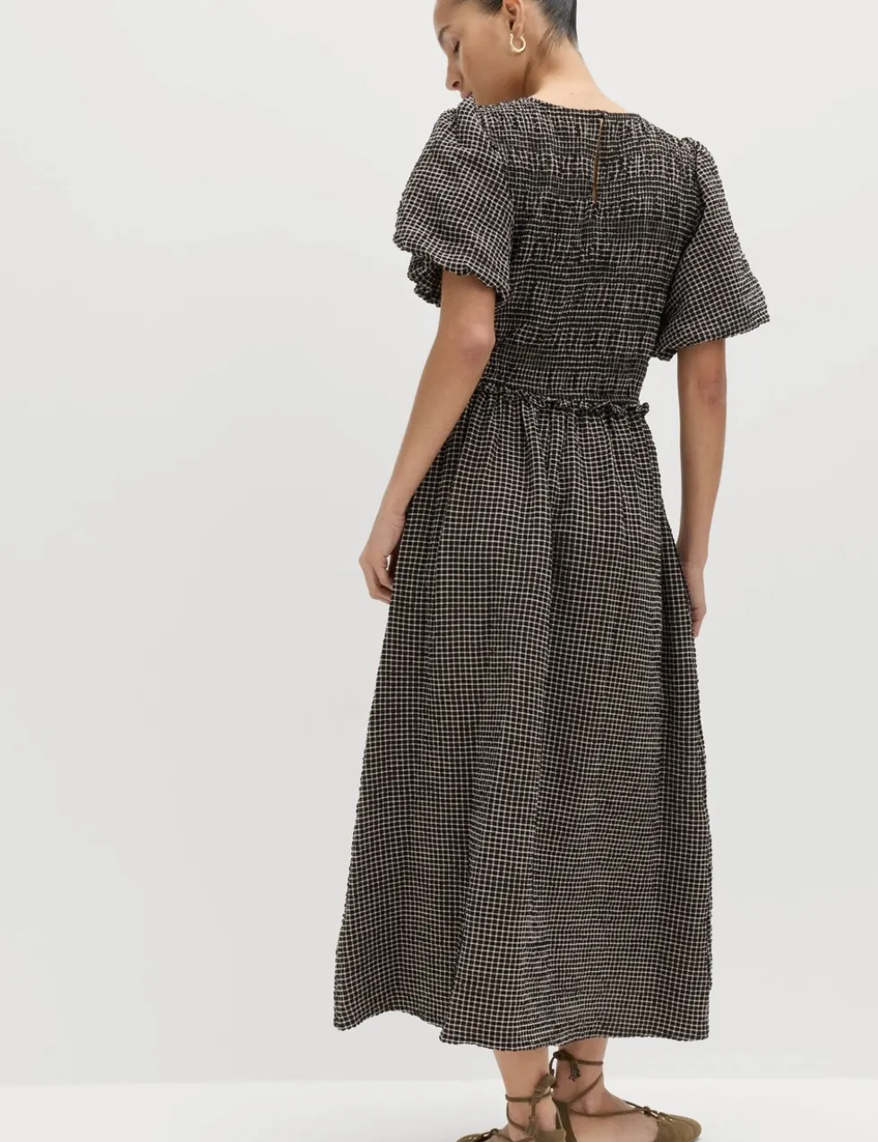 Gingham Puff Sleeve Midi Waisted Dress