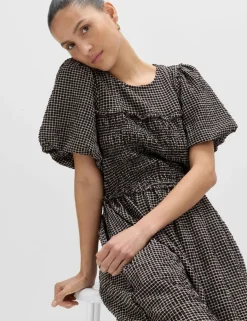 Gingham Puff Sleeve Midi Waisted Dress