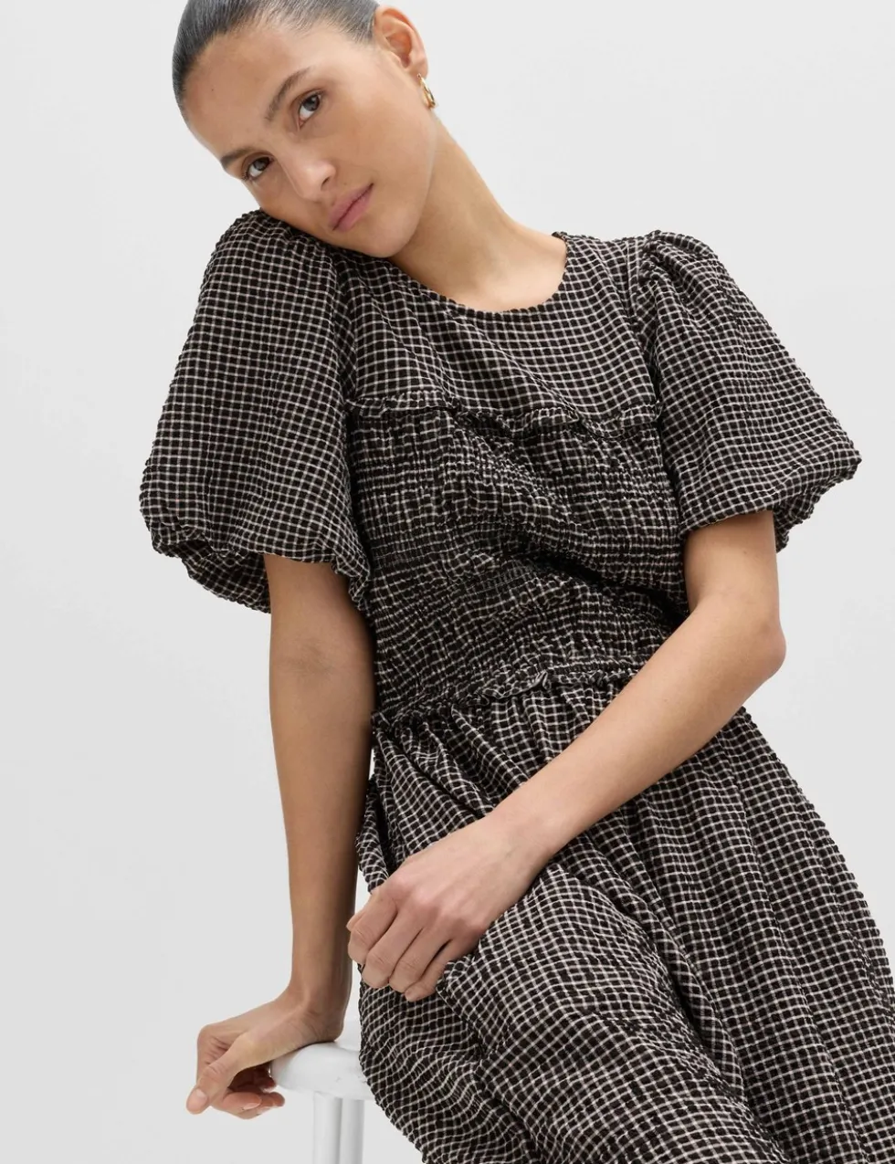 Gingham Puff Sleeve Midi Waisted Dress