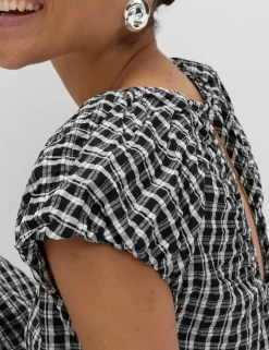 Gingham Puff Sleeve Midi Waisted Dress
