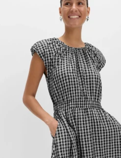 Gingham Puff Sleeve Midi Waisted Dress