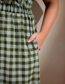 Gingham V-Neck Puff Sleeve Midaxi Waisted Dress