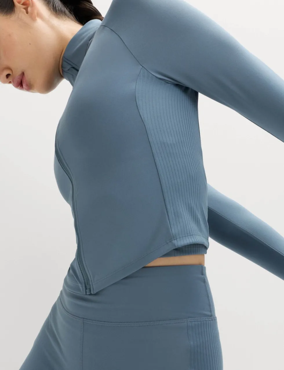 Go Balance Rib Panel Zip Up Fitted Top