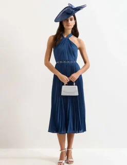 Halter Neck Pleated Midi Skater Dress