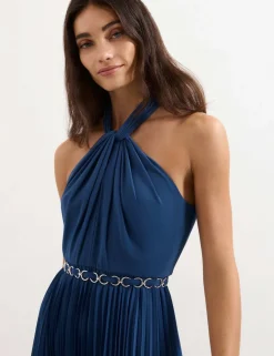 Halter Neck Pleated Midi Skater Dress