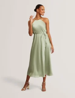 Halter Neck Tie Waist Midi Slip Dress