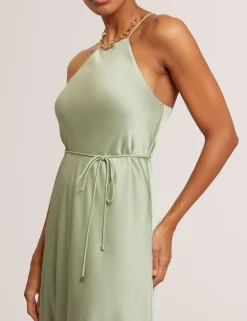 Halter Neck Tie Waist Midi Slip Dress
