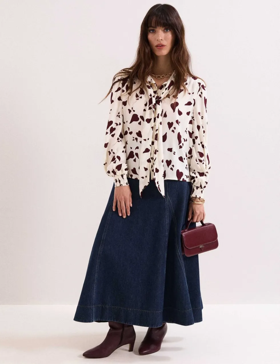 Heart Print Tie Neck Blouse