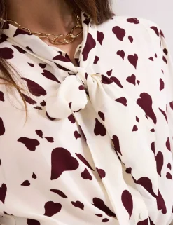 Heart Print Tie Neck Blouse