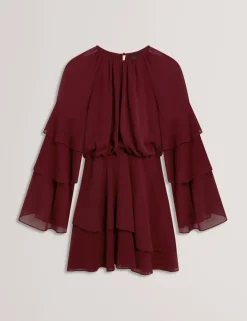 High Neck Gathered Mini Tiered Dress