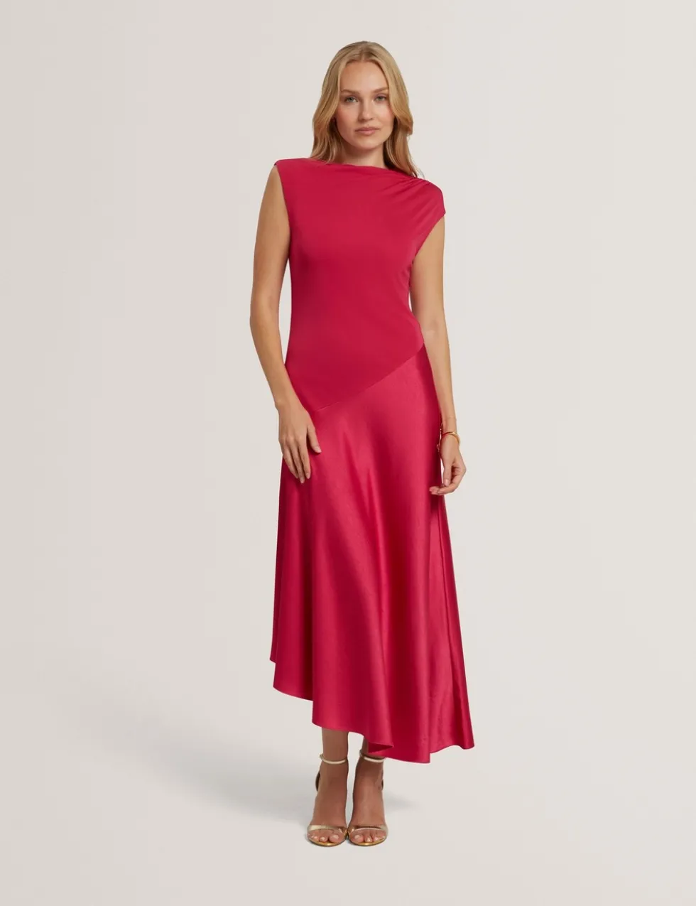 High Neck Satin Asymmetric Skirt Midi Dress