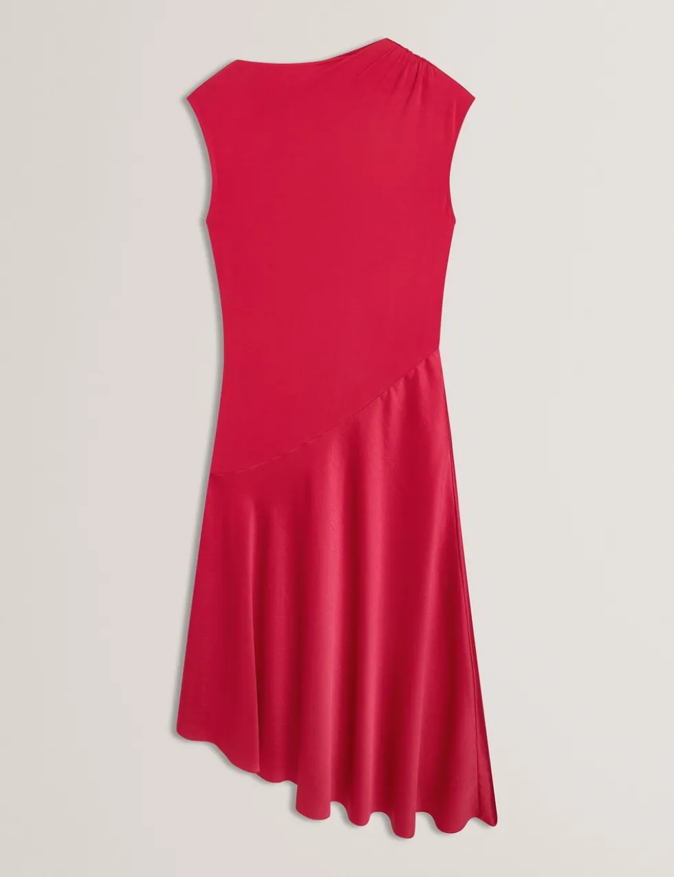 High Neck Satin Asymmetric Skirt Midi Dress