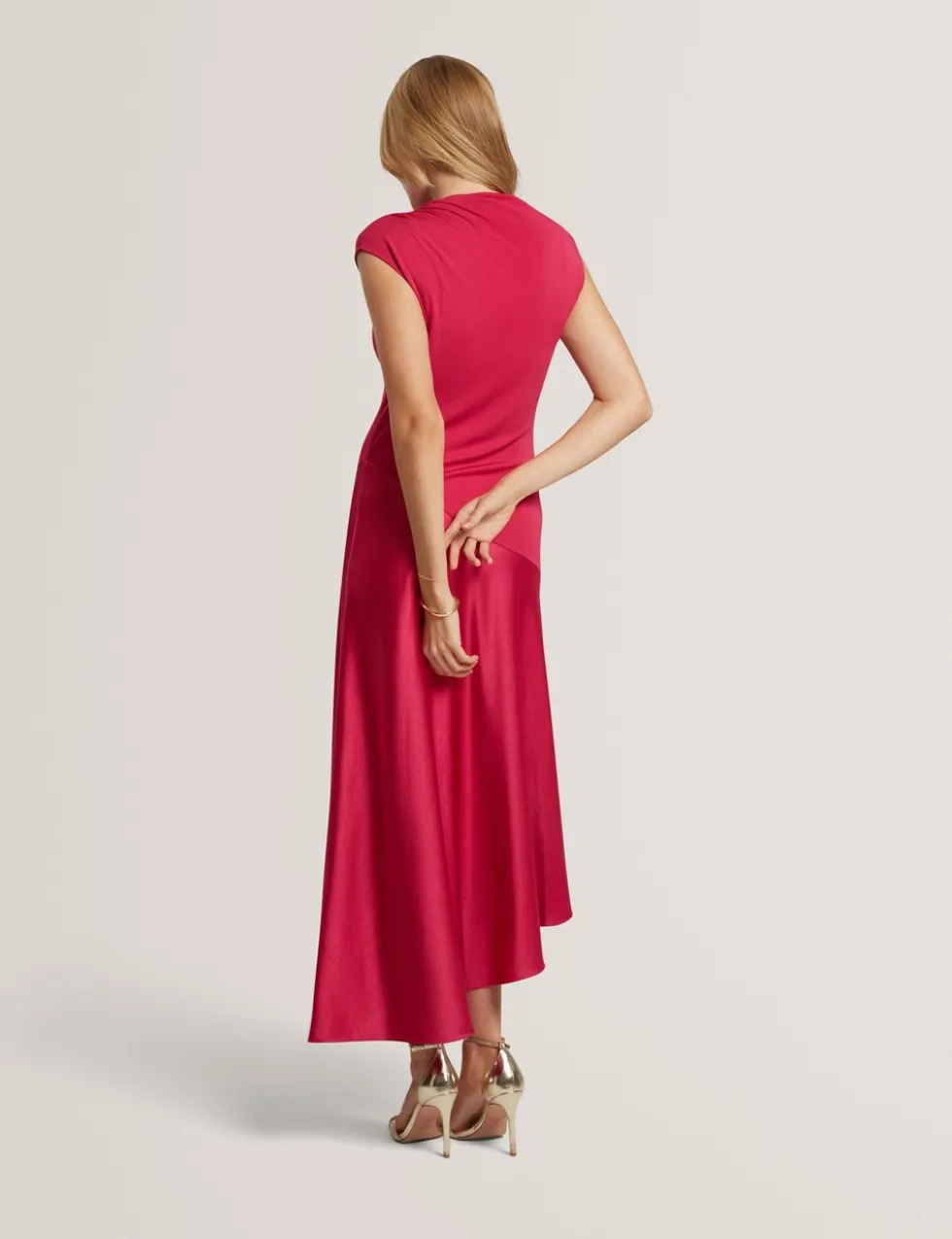 High Neck Satin Asymmetric Skirt Midi Dress