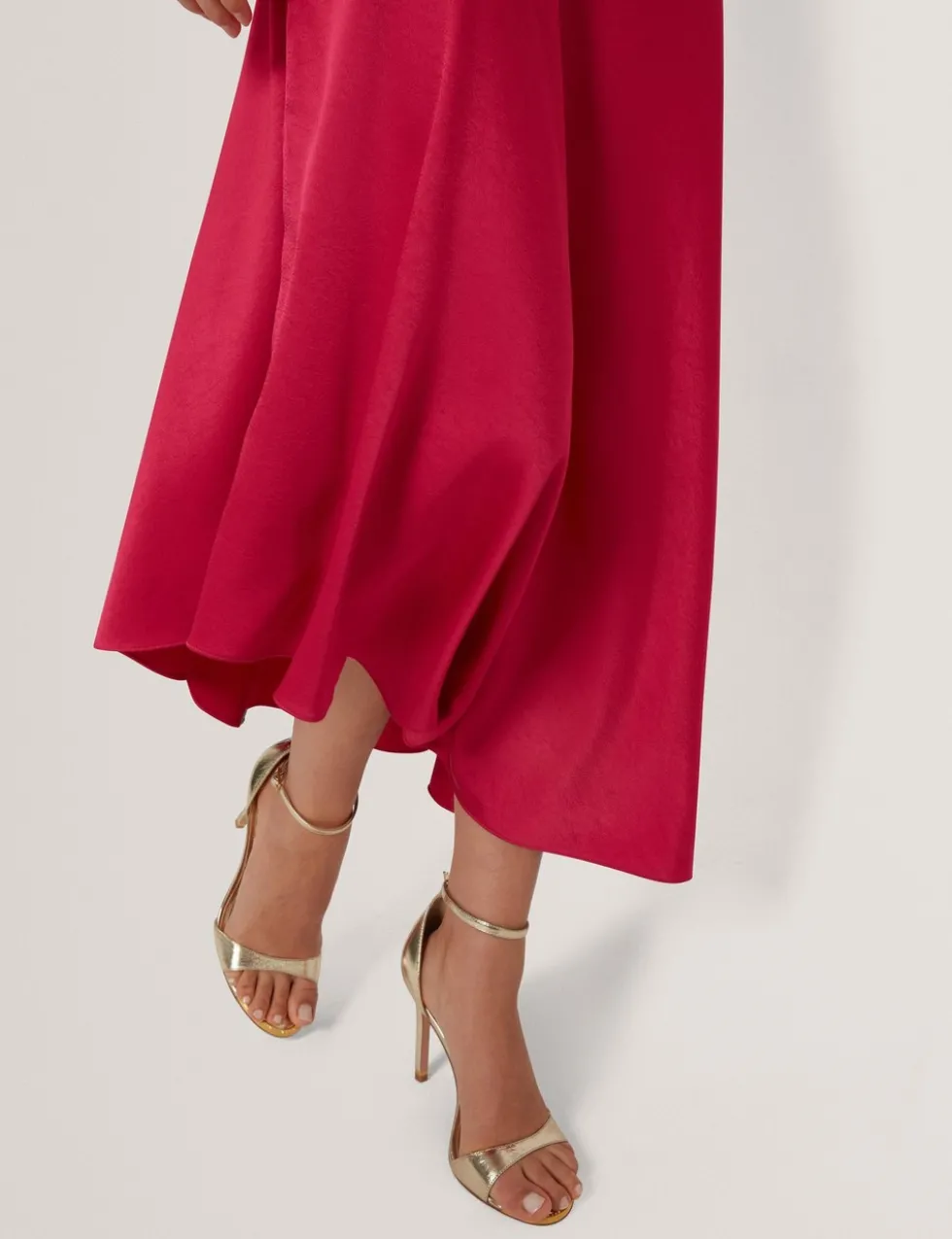 High Neck Satin Asymmetric Skirt Midi Dress