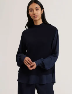 High Neck Woven Sleeve Knitted Jumper