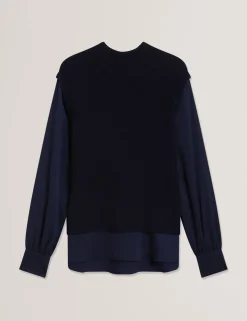 High Neck Woven Sleeve Knitted Jumper
