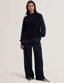 High Neck Woven Sleeve Knitted Jumper