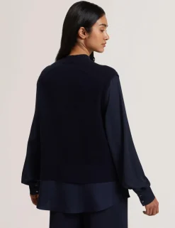 High Neck Woven Sleeve Knitted Jumper