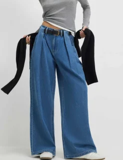 High Waisted Belted Pleated Wide Leg Jeans